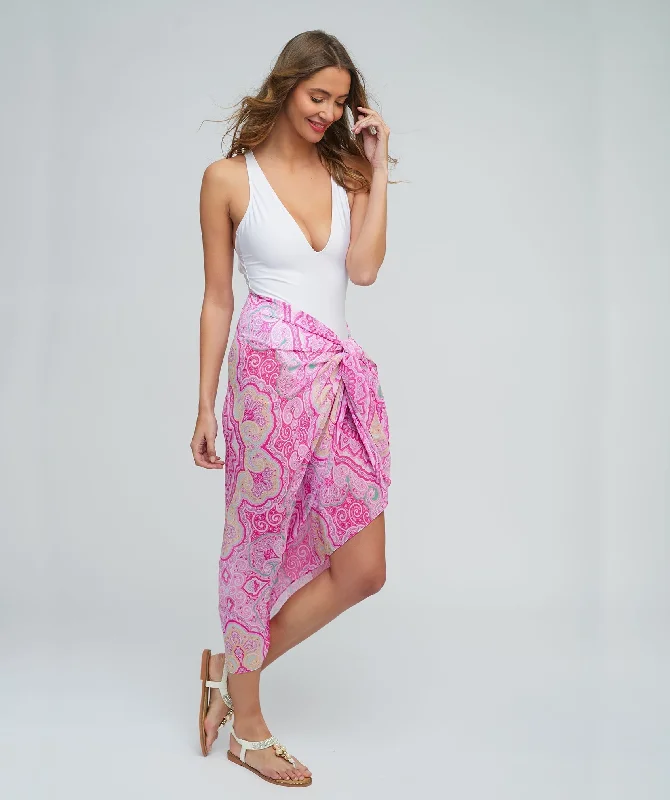 Women’s cover-up handmade studded glow -Pink Chiffon Sarong with Vibrant Paisley Print