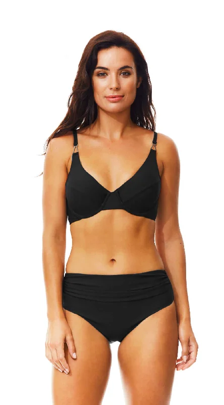 ladies bikini top zip back -Contours Trim U/W Top (E, F, G cup) & Ruched Front Pant (Black)