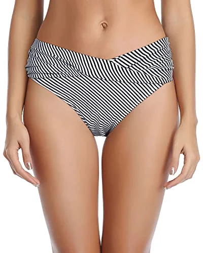 Women’s bikini bottoms whimsical satin glow -Ruched Bikini Bottom Cheeky High Cut Bathing Suit Bottoms-Black And White Stripe