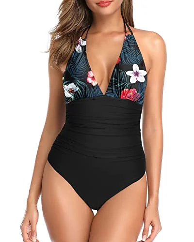 ladies one-piece swimsuit salt resistant -Vintage Women's One Piece Swimsuit Tummy Control Halter Swimwear-Black Floral