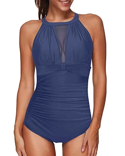 ladies one-piece swimsuit sea tint -High Neck Mesh Keyhole Back One Piece Swimsuit For Women-Blue