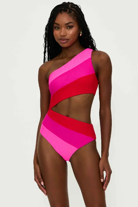 ladies one-piece swimsuit fish accent -Joyce One Piece Fuchsia Red Neon Pink