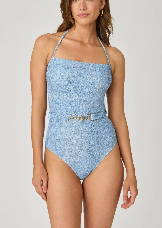 ladies one-piece swimsuit long length -Denim Belted One Piece