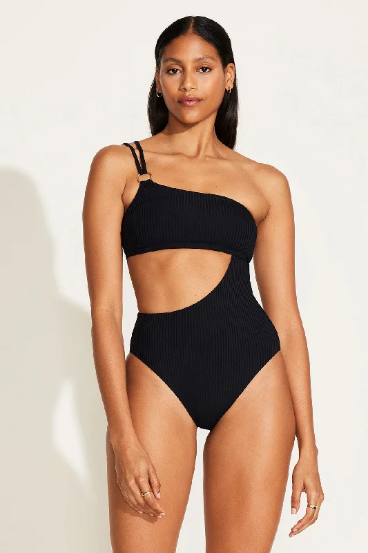 ladies one-piece swimsuit ruffle overlay -Cosmo One Shoulder One Piece - Black EcoRib