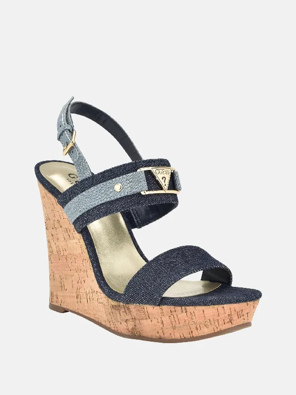 ladies sandals zip back -Teem Denim Wedge Sandals