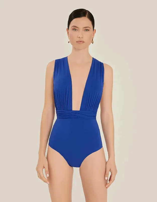 ladies one-piece swimsuit 70s vibe -Chic Multi-Way One Piece Swimsuit Azure