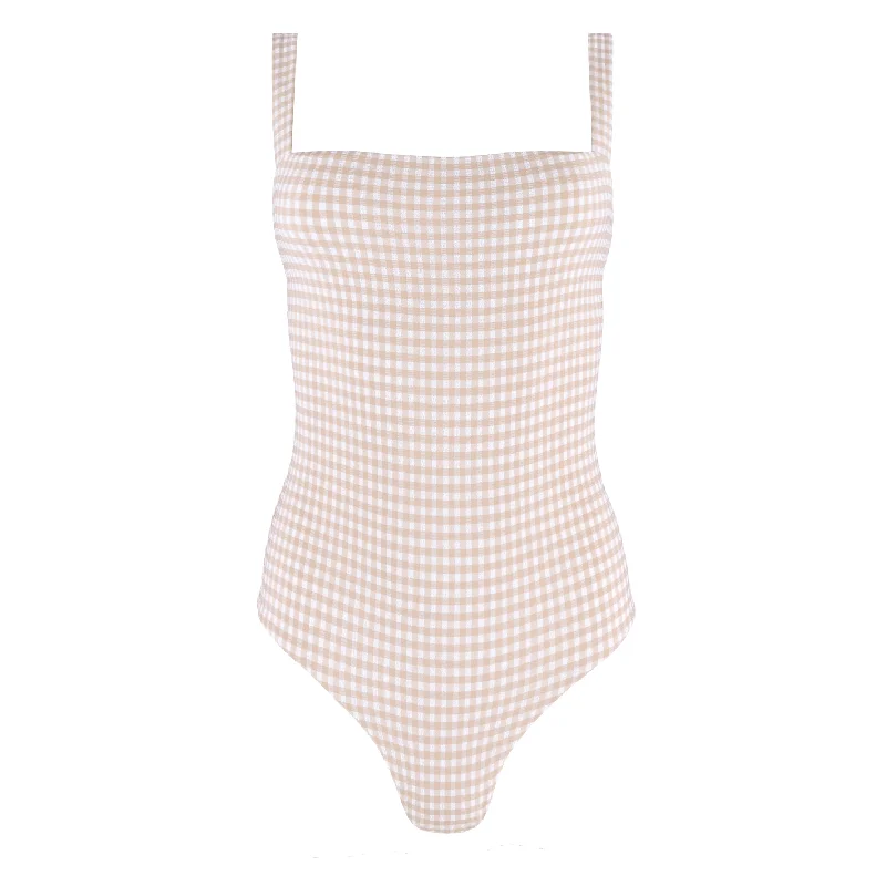 ladies one-piece swimsuit town swim -women's brown crinkle gingham low back one piece