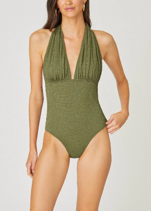 ladies one-piece swimsuit mid lift -Olive Halter One Piece