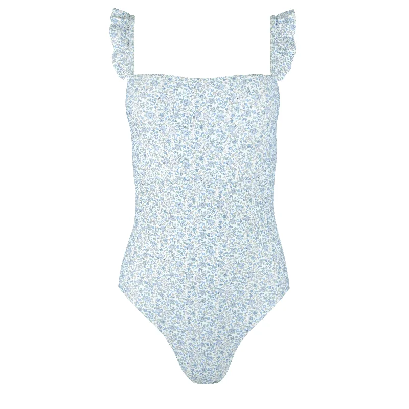 ladies one-piece swimsuit dusk teal -women's slate floral ruffle one piece