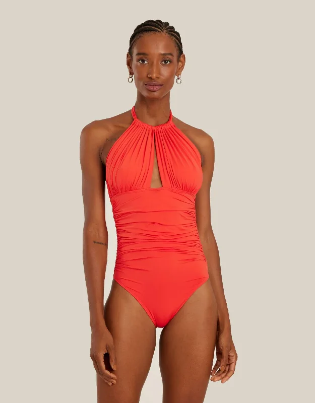 ladies one-piece swimsuit gemmed straps -Ruched Adjustable Halter One Piece Watermelon