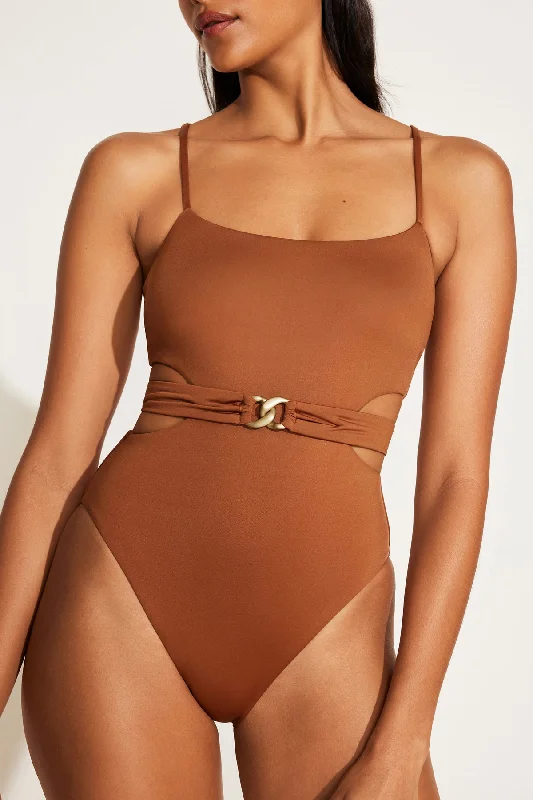 ladies one-piece swimsuit bold lift -Luxe Link Belted One Piece - Bronze ReLux