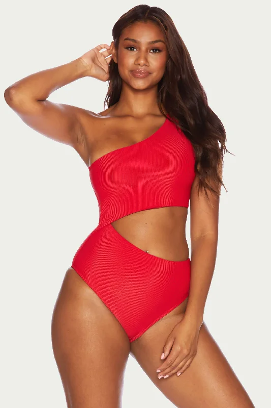 ladies one-piece swimsuit ribbed look -Celine One Piece Red