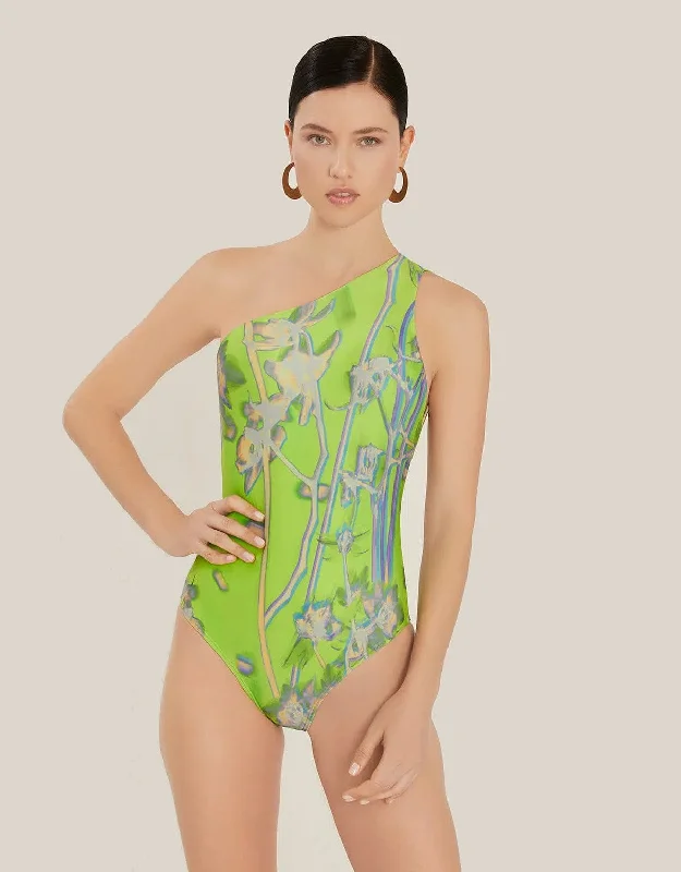 ladies one-piece swimsuit seashell print -One Shoulder Swimsuit in Dandelion