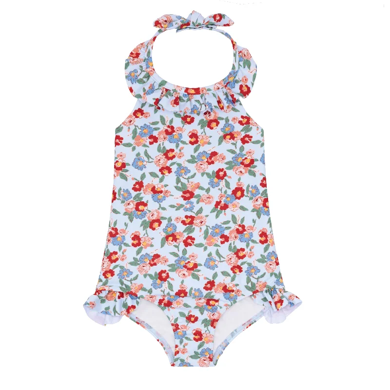 ladies one-piece swimsuit pale hues -girls scarlet floral ruffle halter one piece