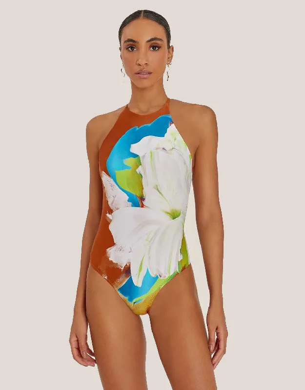 ladies one-piece swimsuit tribal vibe -Straps High Neck One piece in Bloom