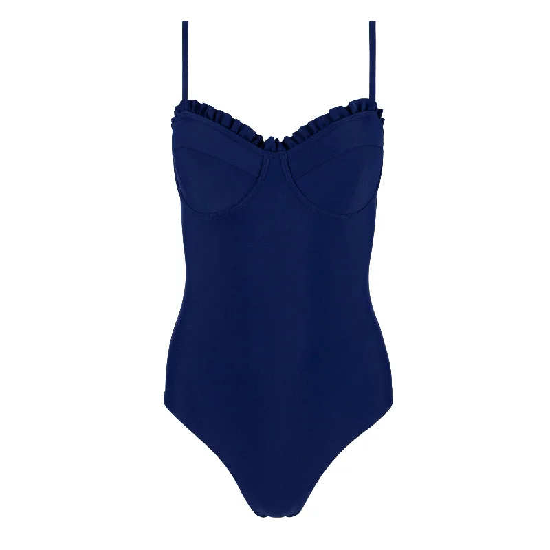 ladies one-piece swimsuit moss green -women's navy ruffle edge one piece