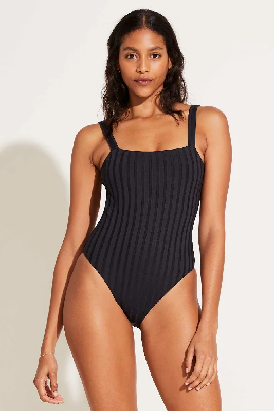 ladies one-piece swimsuit flax blend -Leah Square Neck One Piece - Black SuperRib