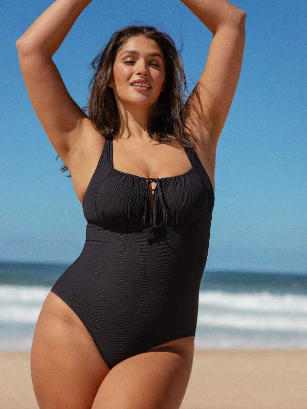 ladies one-piece swimsuit frost shine -Black Cutout Tie Plus Size One-Piece Swimsuit