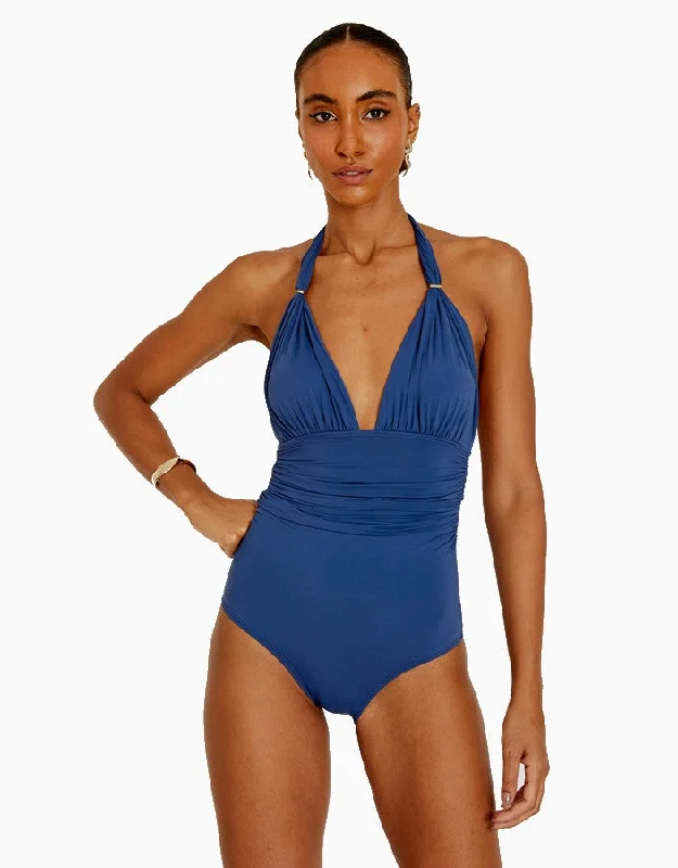 ladies one-piece swimsuit faint arch -Adjustable Halter One Piece Jeri Blue