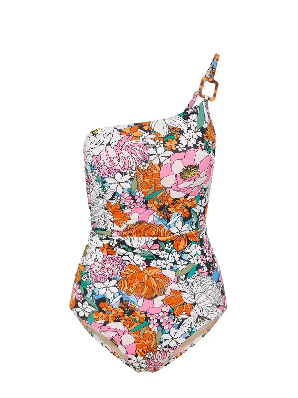 ladies one-piece swimsuit ray shield -Kara One Piece Trim Tropical Garden