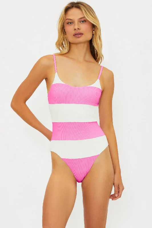 ladies one-piece swimsuit gator texture -Calista One Piece Prism Pink Stripe