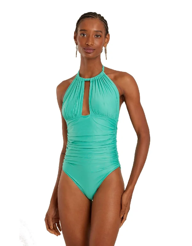 ladies one-piece swimsuit mirror gloss -Ruched Adjustable Halter One Piece Atlantis