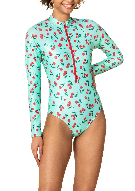 ladies one-piece swimsuit sleek fit -Mint Anniversary Cherries Long Sleeve Rashguard