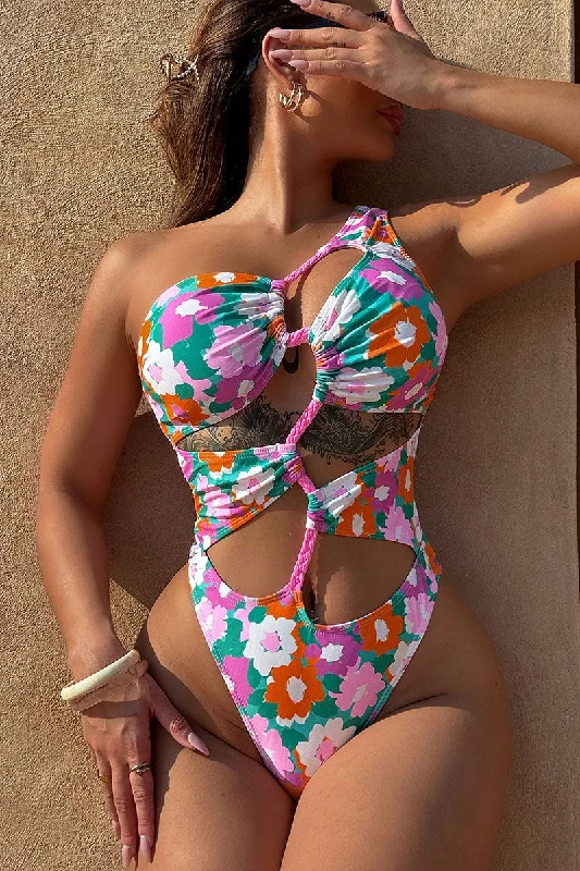 ladies one-piece swimsuit slip on -Floral Print Stylish Cutout Irregular Braided One Piece Swimwear