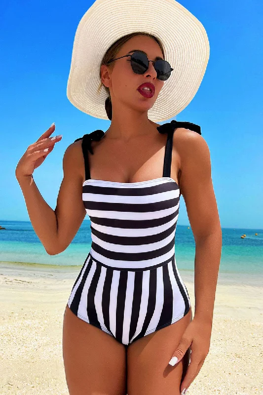 ladies one-piece swimsuit raised cups -Striped Classic Lace-Up Square Collar One Piece Swimwear