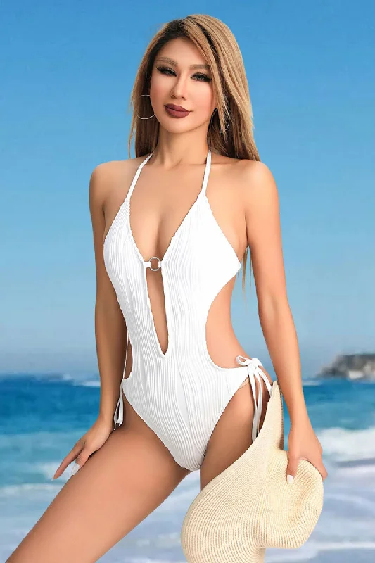 ladies one-piece swimsuit wrap neck -Solid Color Smart Cutout Backless Lace-Up O-ring Design One Piece Swimwear